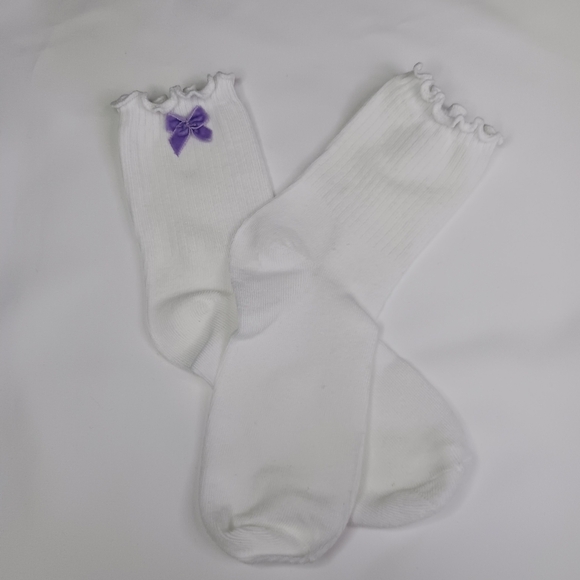 White Lettuce Ruffle Crew Cut Socks with Purple Velvet Bow. - Picture 3 of 3